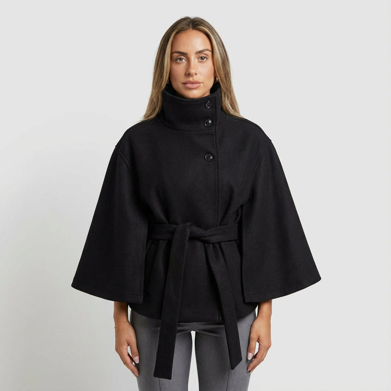 Elowen Women’s High-Neck Cape Jacket | Belted Waist, Cape Silhouette