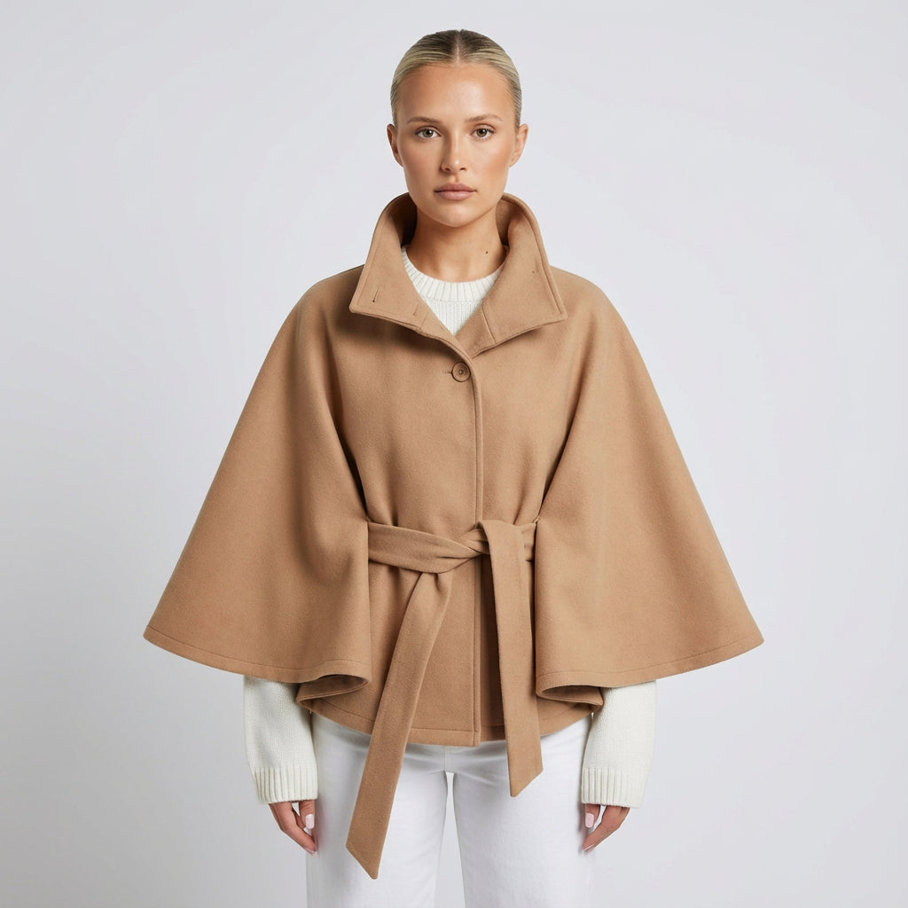Elowen Women’s High-Neck Cape Jacket | Belted Waist, Cape Silhouette