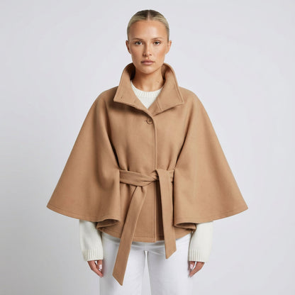 Elowen Women’s High-Neck Cape Jacket | Belted Waist, Cape Silhouette