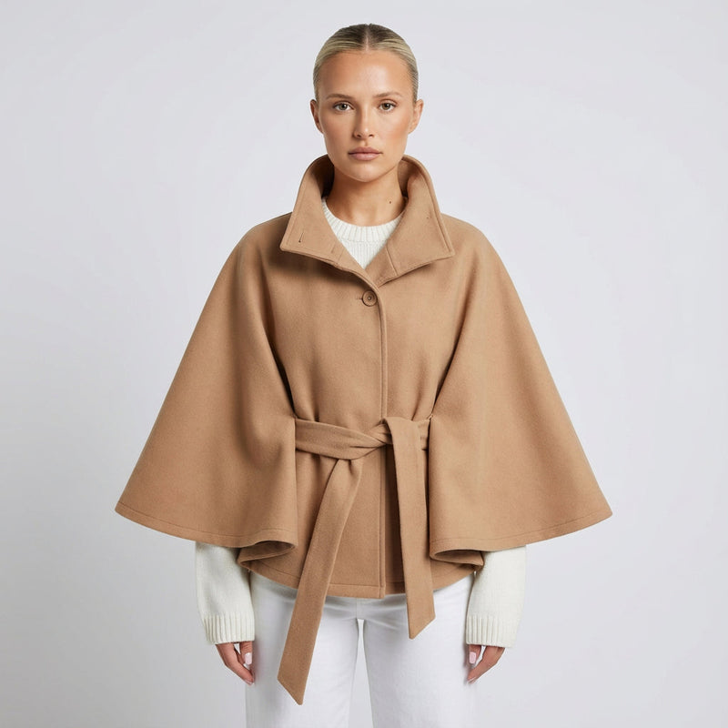 Elowen Women’s High-Neck Cape Jacket | Belted Waist, Cape Silhouette