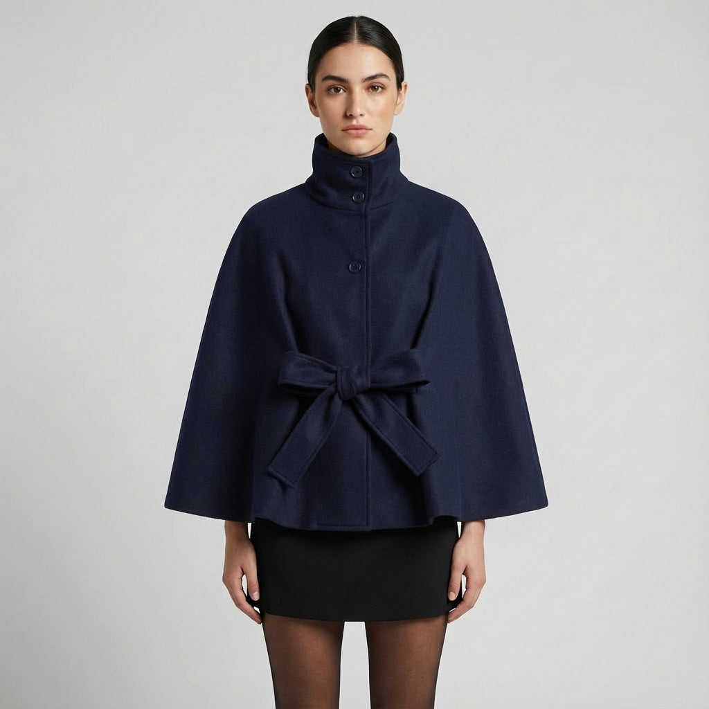 Elowen Women’s High-Neck Cape Jacket | Belted Waist, Cape Silhouette
