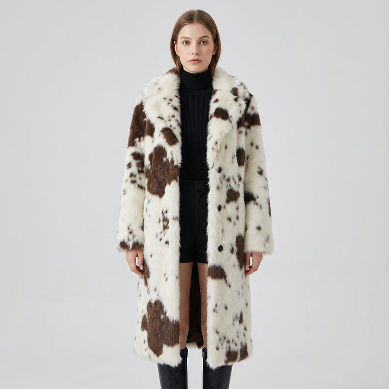 Nina Women's Faux Fur Coat | Cow Print, Winter Warmth