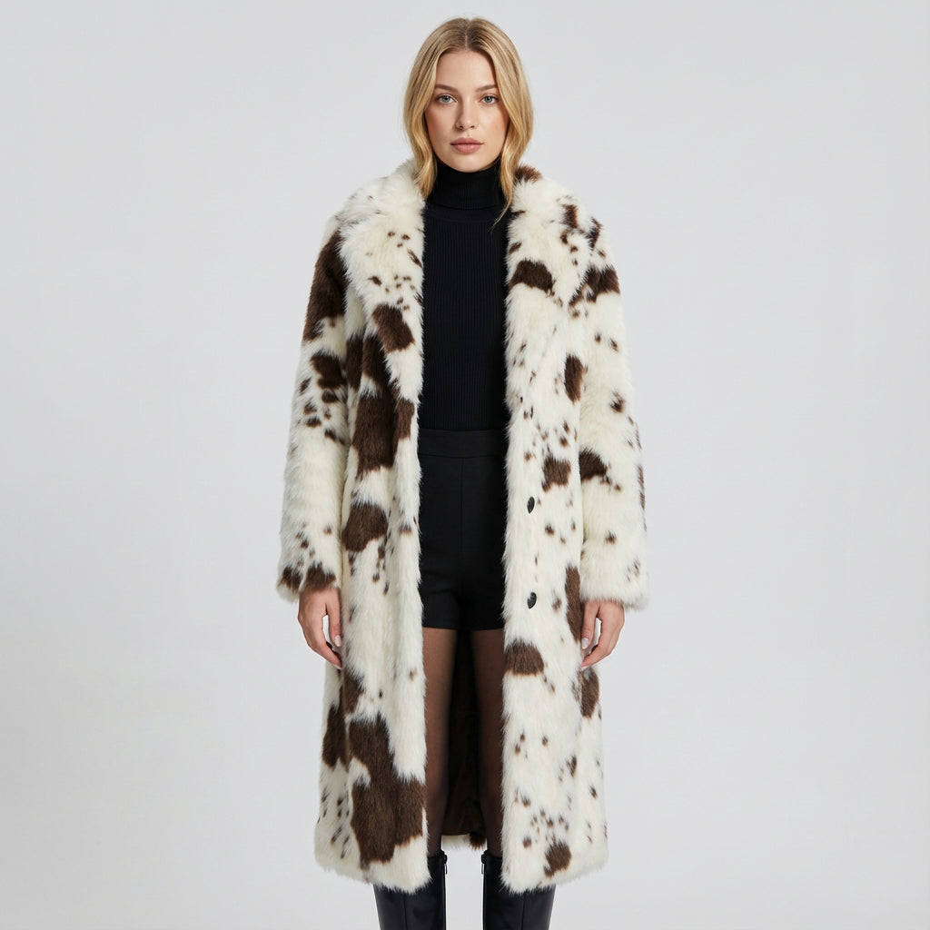 Nina Women's Faux Fur Coat | Cow Print, Winter Warmth