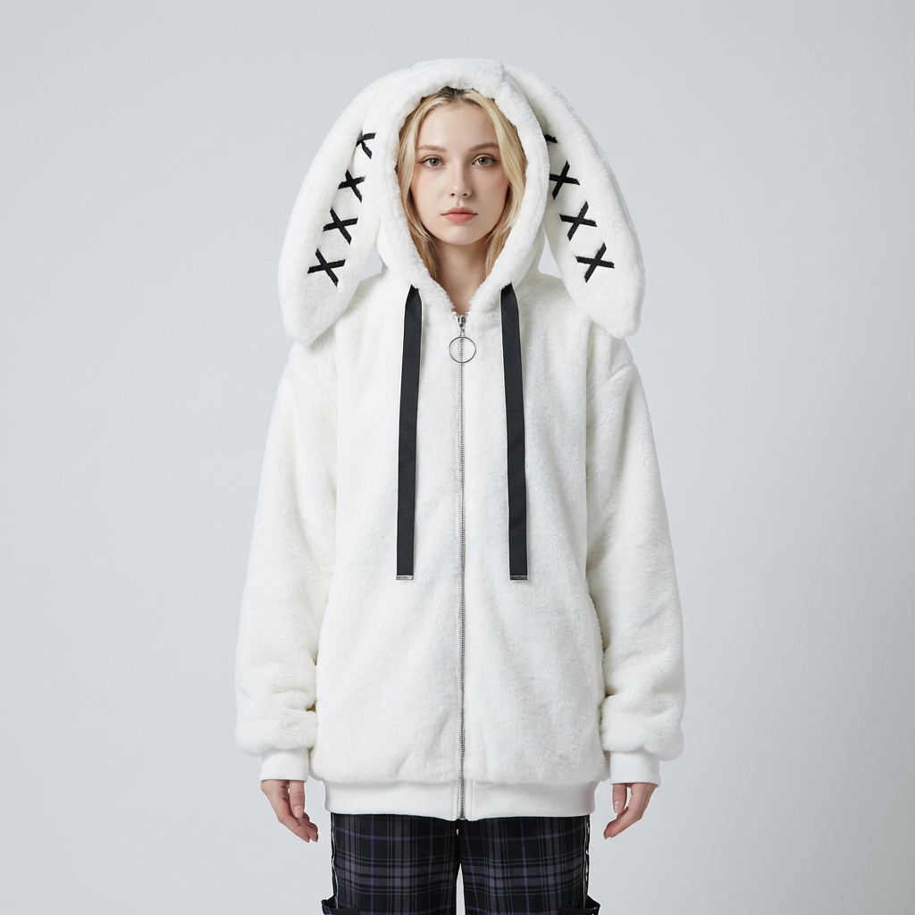 Neko Women's Faux Fur Hoodie Jacket | Bunny Ear Hood, Cross-Stitch Detail