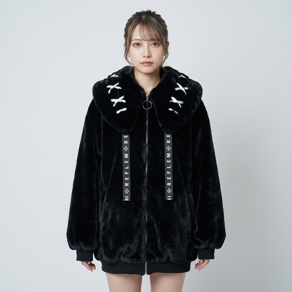 Neko Women's Faux Fur Hoodie Jacket | Bunny Ear Hood, Cross-Stitch Detail