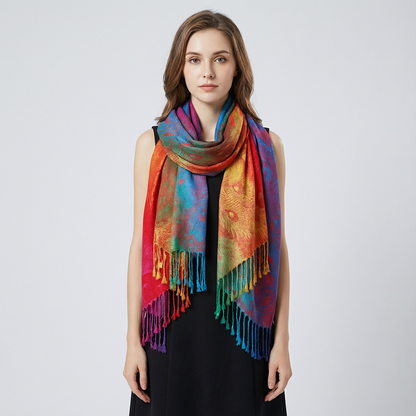 Zephyra Women’s Wrap Scarf | Multicolor Pattern, Fringed Edges