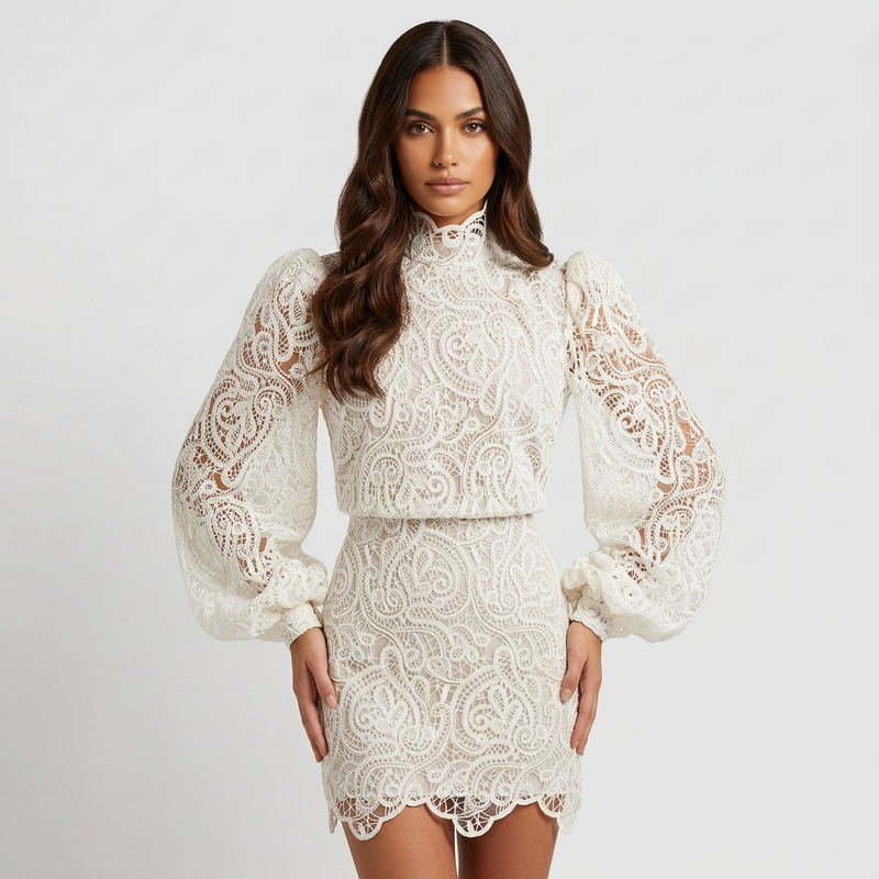 Robe mini pour femmes Fiona | Dentelle élégante, col montant