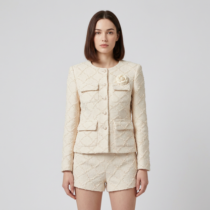 Conjunto de dos piezas para mujer Dahlia | Blazer de tweed grueso y pantalones cortos, diseño de cuadros de alfiler