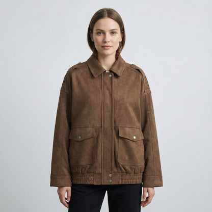 Kayla Women’s Suede Bomber Jacket | Zip Closure, Elastic Hem