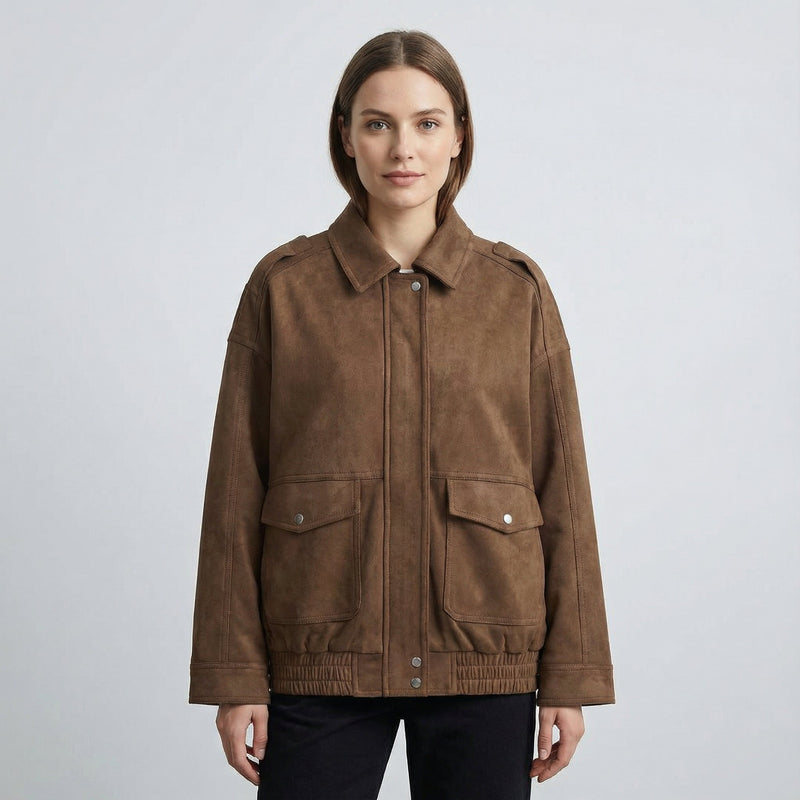 Kayla Women’s Suede Bomber Jacket | Zip Closure, Elastic Hem