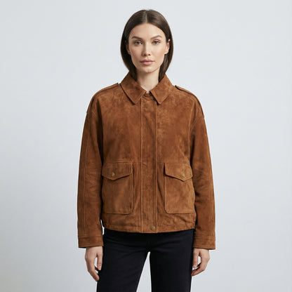 Kayla Women’s Suede Bomber Jacket | Zip Closure, Elastic Hem