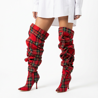 Pia Women's Thigh High Boots | Plaid Over Knee, Pointed Toe