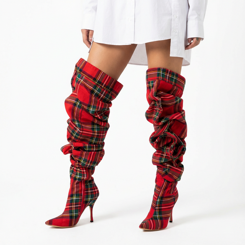 Pia Women's Thigh High Boots | Plaid Over Knee, Pointed Toe