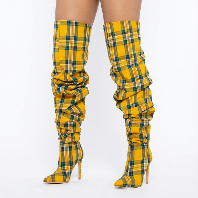 Pia Women's Thigh High Boots | Plaid Over Knee, Pointed Toe