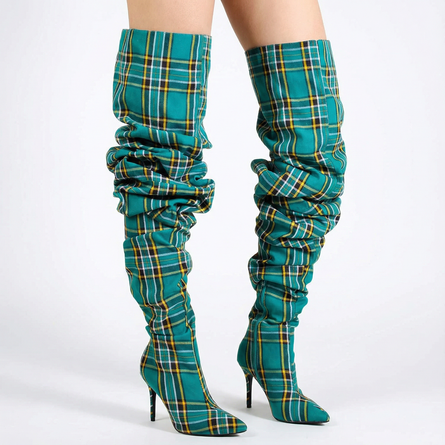 Pia Women's Thigh High Boots | Plaid Over Knee, Pointed Toe