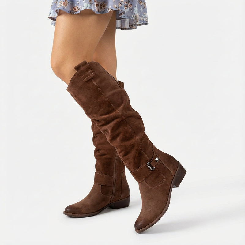 Aurora Women’s Knee High Boots | Low Block Heel, Strap Detail