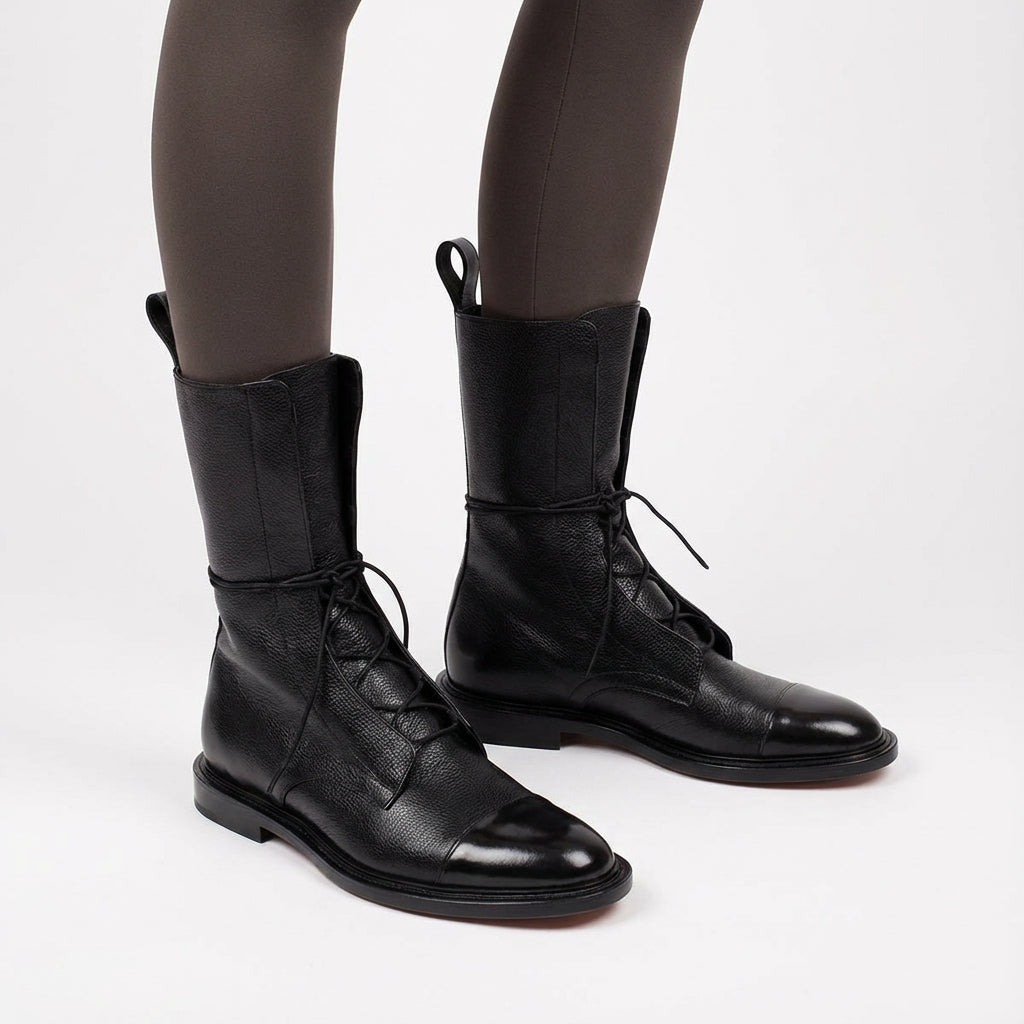 Jade Women’s Lace-Up Mid-Calf Boots | Flat Sole, Timeless Leather Look