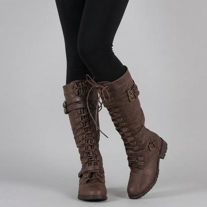 Luna Women’s Knee High Combat Boots | Lace-Up, Buckle Strap Design