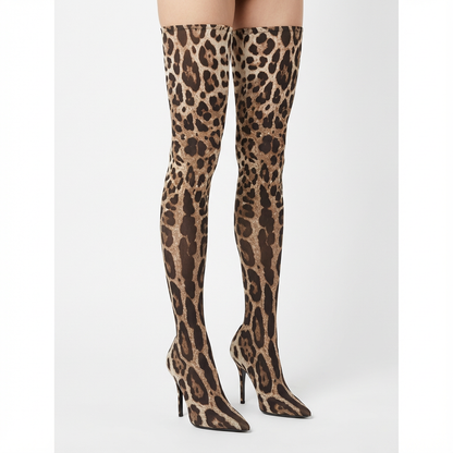 Zarina Women’s Thigh High Boots | Leopard Print, Pointed Toe