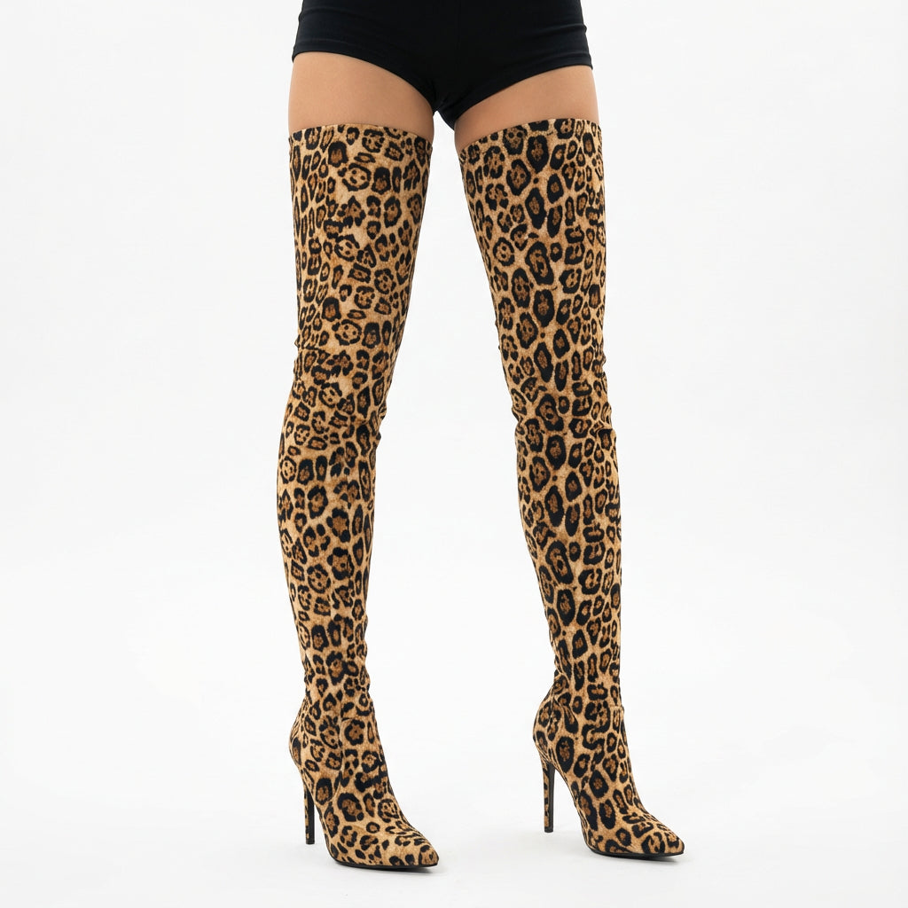 Zarina Women’s Thigh High Boots | Leopard Print, Pointed Toe