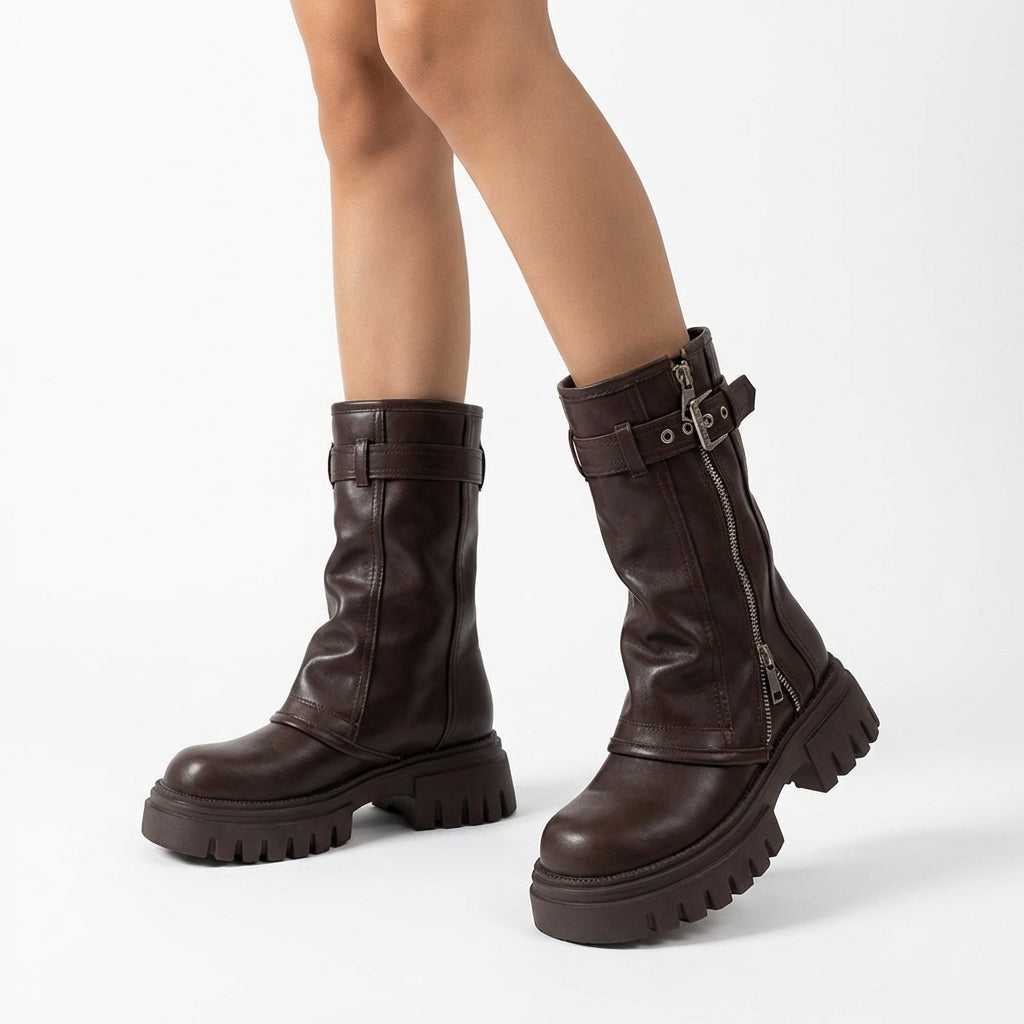 Ravenna Women's Combat Boots | Buckle Strap, Lug Sole