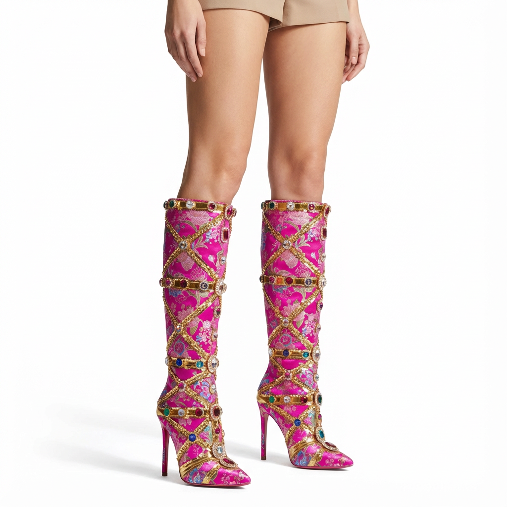 Tesni Women’s Knee High Boots | Floral Print, Rhinestone Embellished