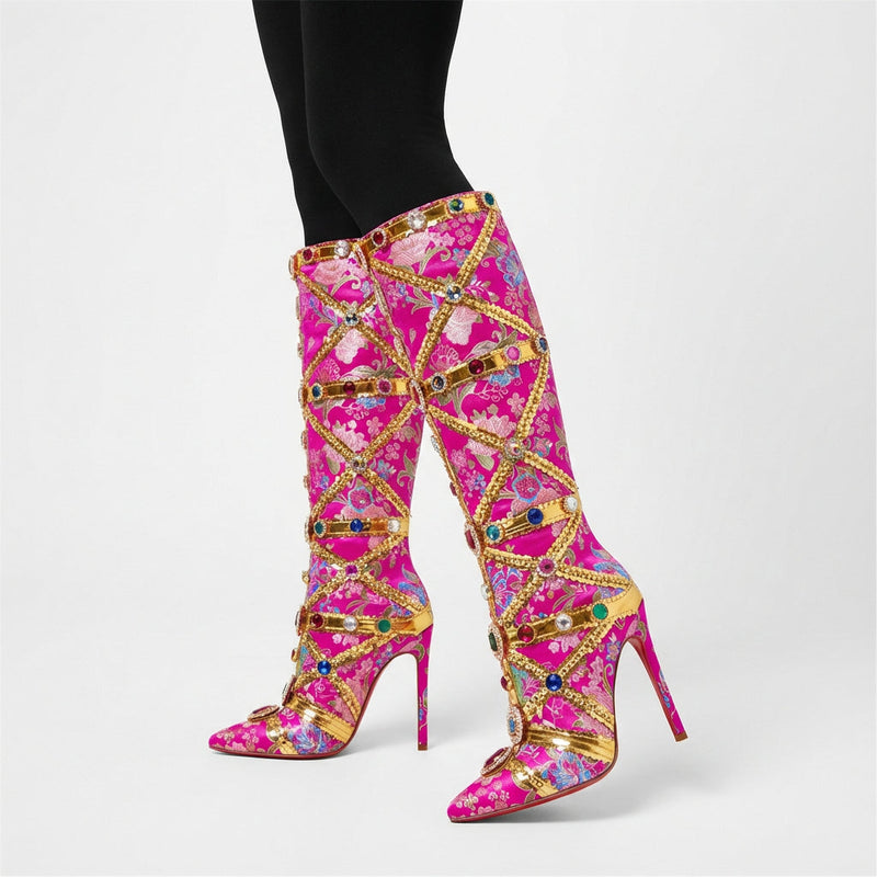 Tesni Women’s Knee High Boots | Floral Print, Rhinestone Embellished