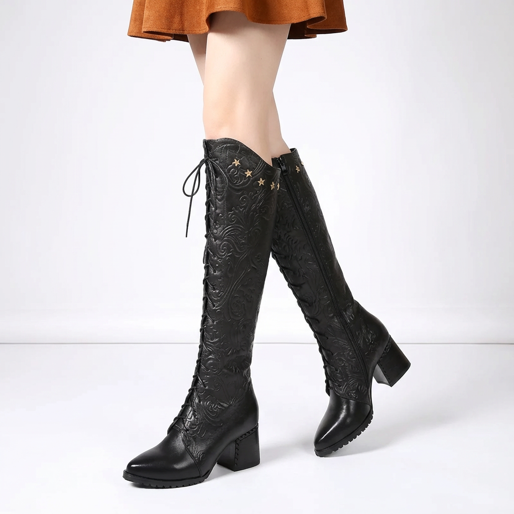 Aureline Women’s Embossed Knee-High Boots | Sculpted Leather, Block Heel