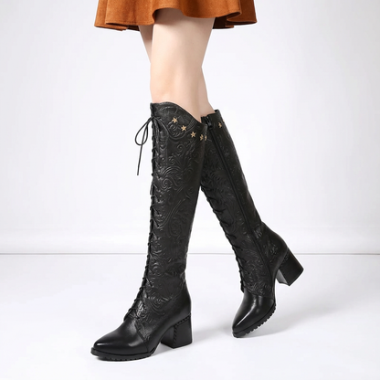 Aureline Women’s Embossed Knee-High Boots | Sculpted Leather, Block Heel