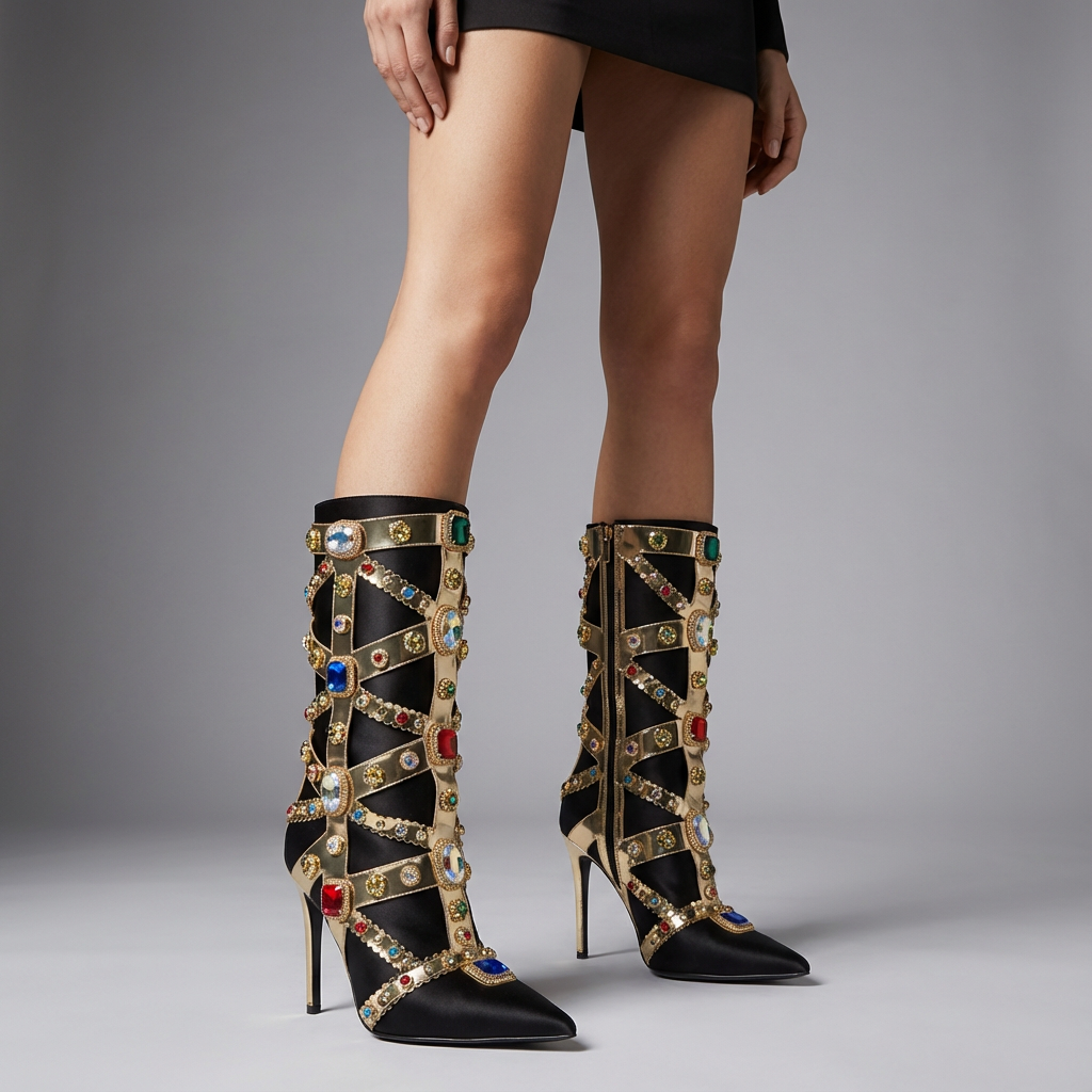 Aurelia Women’s Jewel Stiletto Boots | Crystal Straps, Sculpted Heel