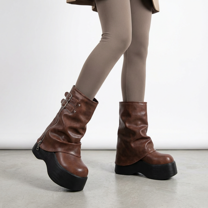 Sleek Women's Chunky Motorcycle Boots | Soft Leather, High Platform