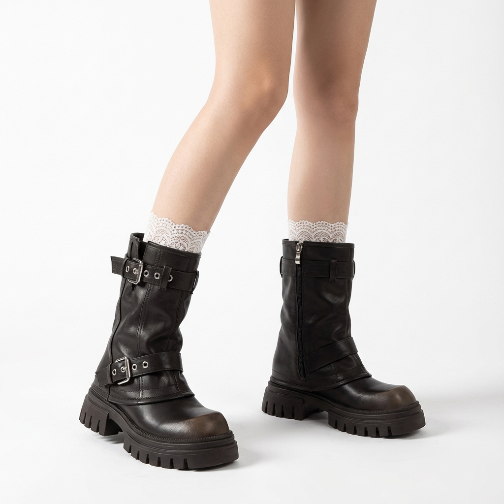 Ravenna Women's Combat Boots | Buckle Strap, Lug Sole