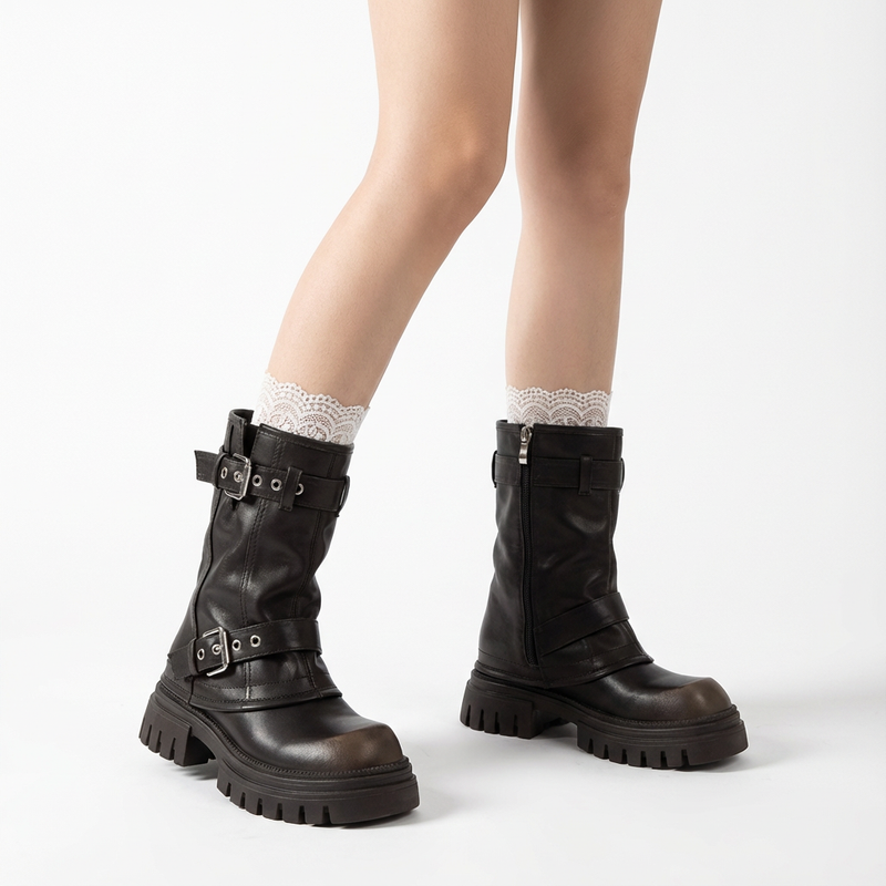 Ravenna Women's Combat Boots | Buckle Strap, Lug Sole