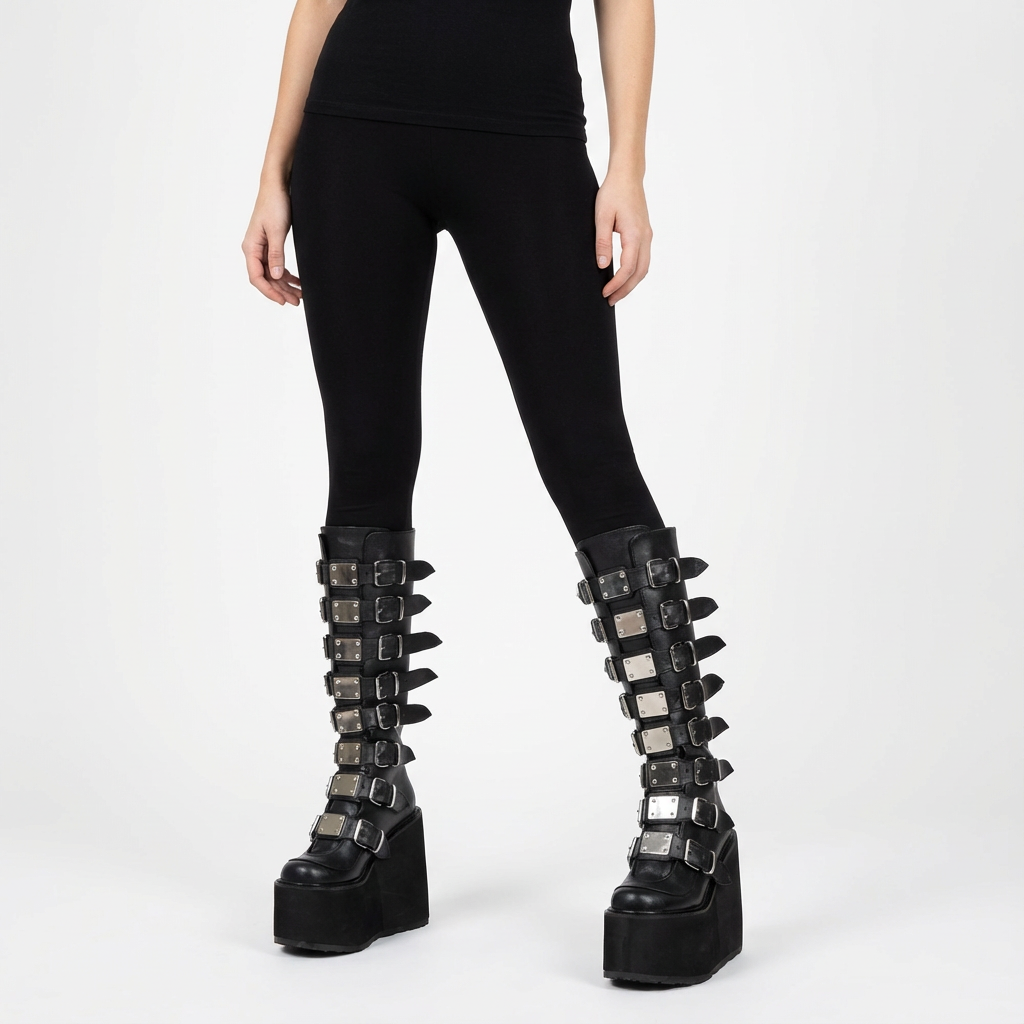 Nyxra Women’s Gothic Platform Knee-High Boots | Multi-Buckle Design, Wedge Platform
