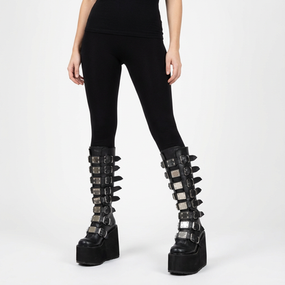 Nyxra Women’s Gothic Platform Knee-High Boots | Multi-Buckle Design, Wedge Platform