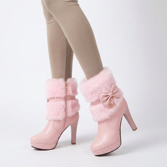 Seraphine Women’s High Heel Ankle Boots | Faux Fur Cuff , Pearl Charms