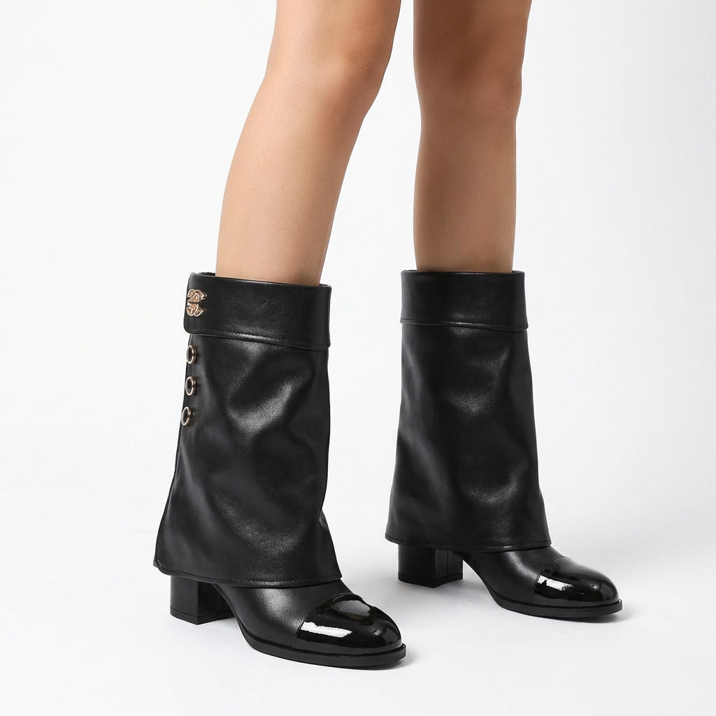 Ava Women’s Chunky Heel Ankle Boots | Cowhide Leather, Color-Block Design