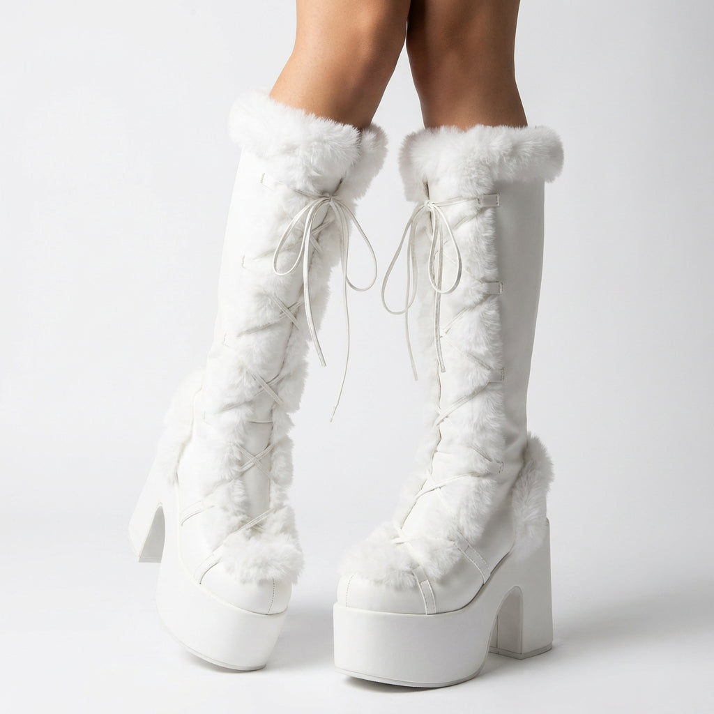 Gigi Women’s Knee High Platform Boots | PU Leather, Faux Fur Trim