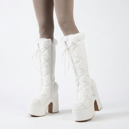 Gigi Women’s Knee High Platform Boots | PU Leather, Faux Fur Trim