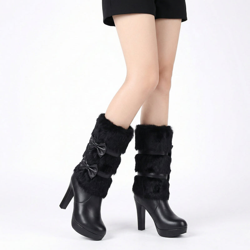Lola Women's High Heel Boots | Fur Tassel Detail, Bowtie Accent