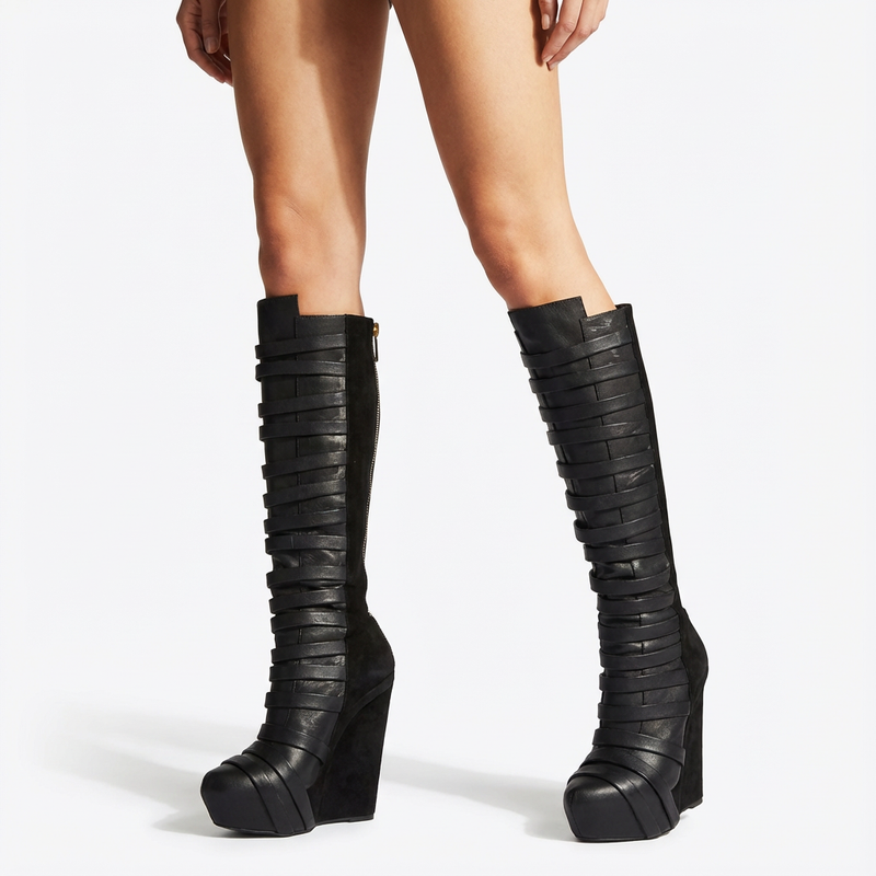 Sleek Women's Knee-High Boots | Leather Straps, Round Platform