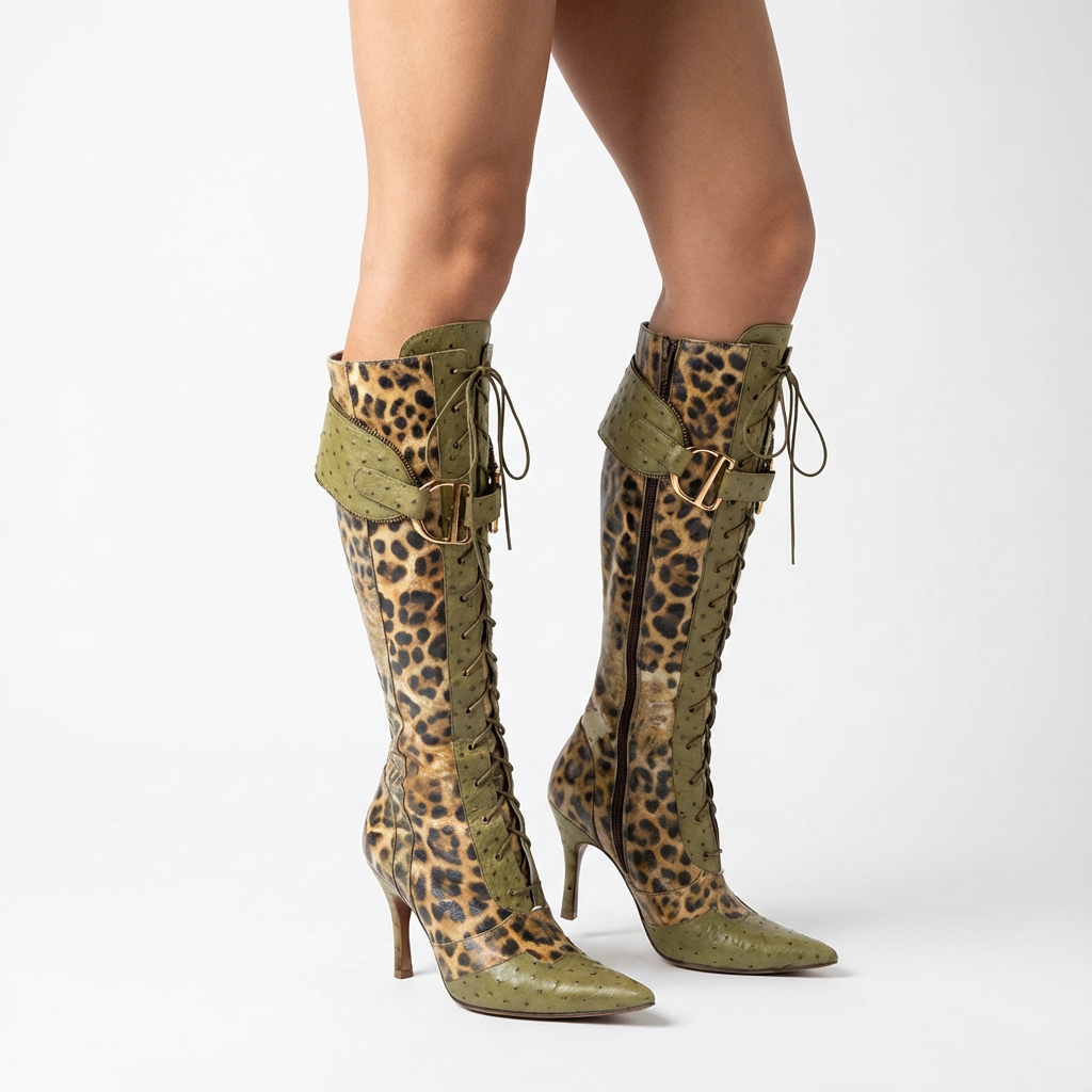 Gina Women's Stiletto Boots | Green Leopard Print, Luxury Design