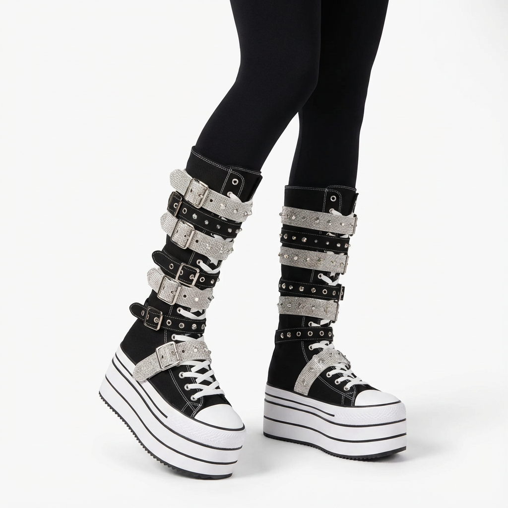 Rita Women's Canvas Boots | Thick Sole, Rivet Belt Buckle