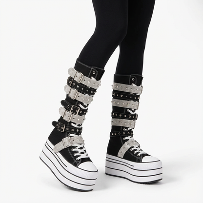 Rita Women's Canvas Boots | Thick Sole, Rivet Belt Buckle