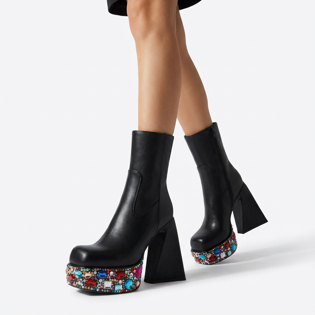 Velmora Women’s Platform Ankle Boots | Rhinestone Platform, High Block Heel