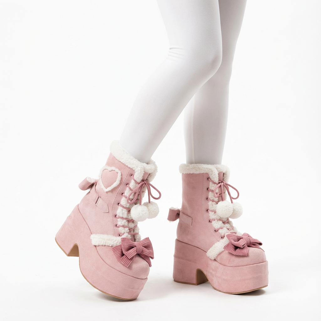 Luna Girls’ Platform Snow Boots | Faux Fur Trim, Bow Lace-Up