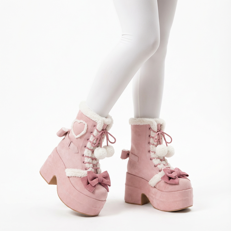 Luna Girls’ Platform Snow Boots | Faux Fur Trim, Bow Lace-Up