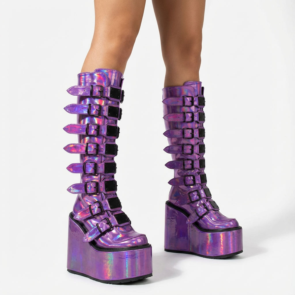 Punk Women's Motorcycle Boots | Wedge Design, Belt Buckle Detail