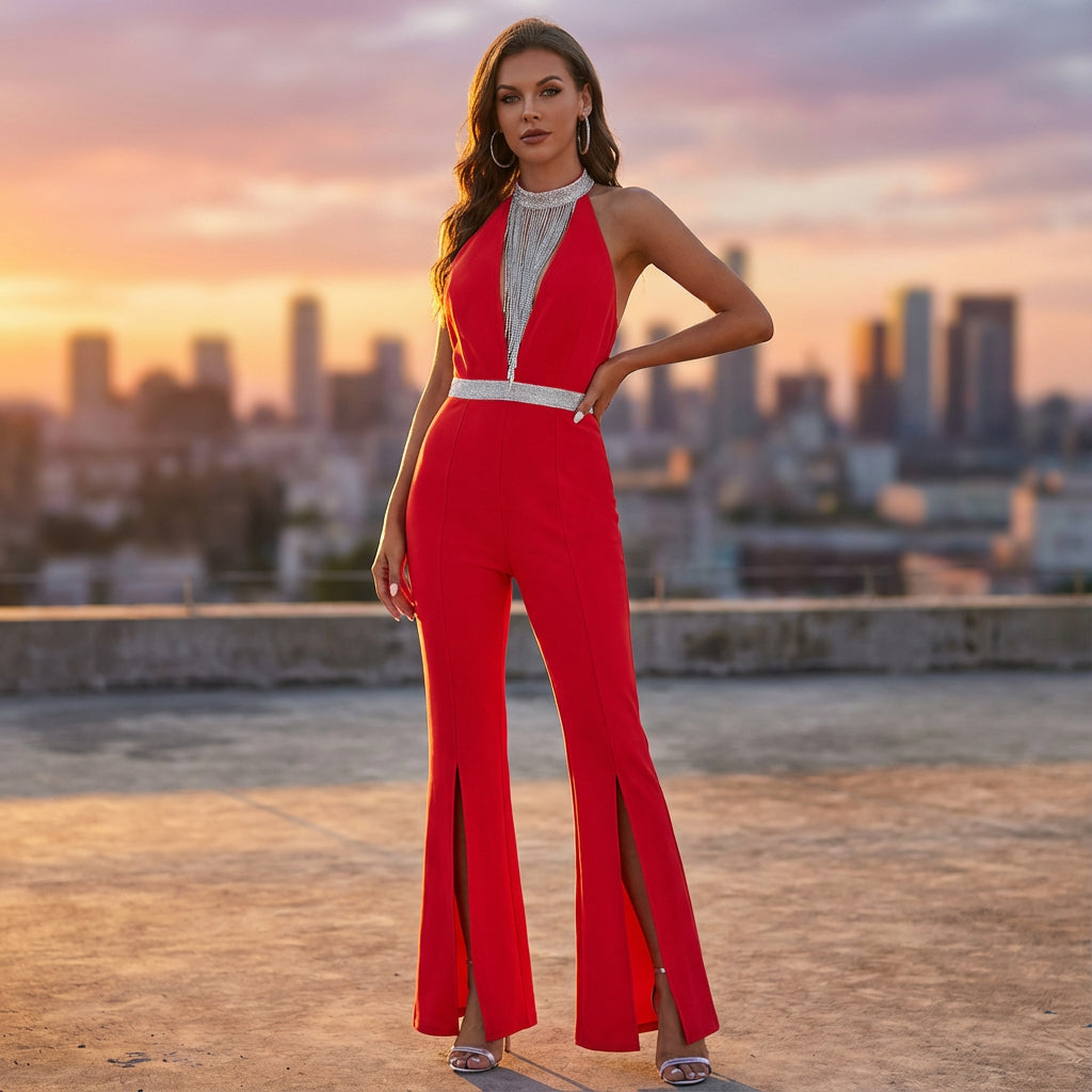 Clarissa Women's Jumpsuit | Crystal Fringe Halter Neck, Front Slit Flared Legs