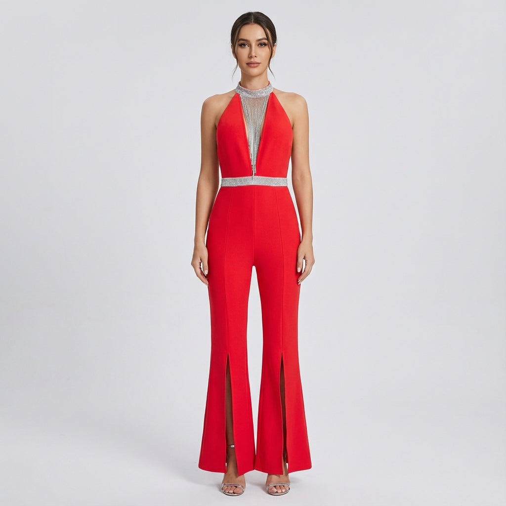 Clarissa Women's Jumpsuit | Crystal Fringe Halter Neck, Front Slit Flared Legs